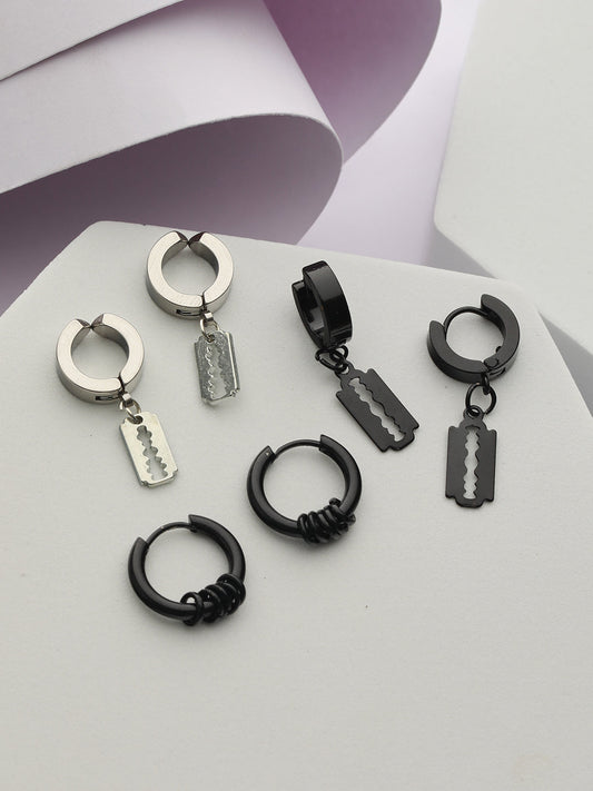 Bold by Priyaasi Black & Silver Blade Ring Hoop Earrings for Men (Set of 3)