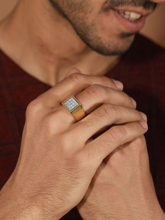 Bold by Priyaasi Gold-Plated AD Studded Block Ring for Men