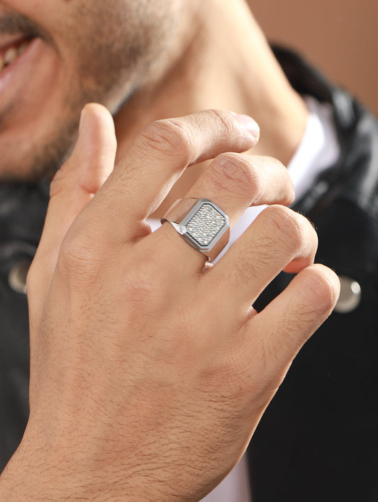 Bold by Priyaasi Geometric AD Studded Silver-Plated Ring for Men