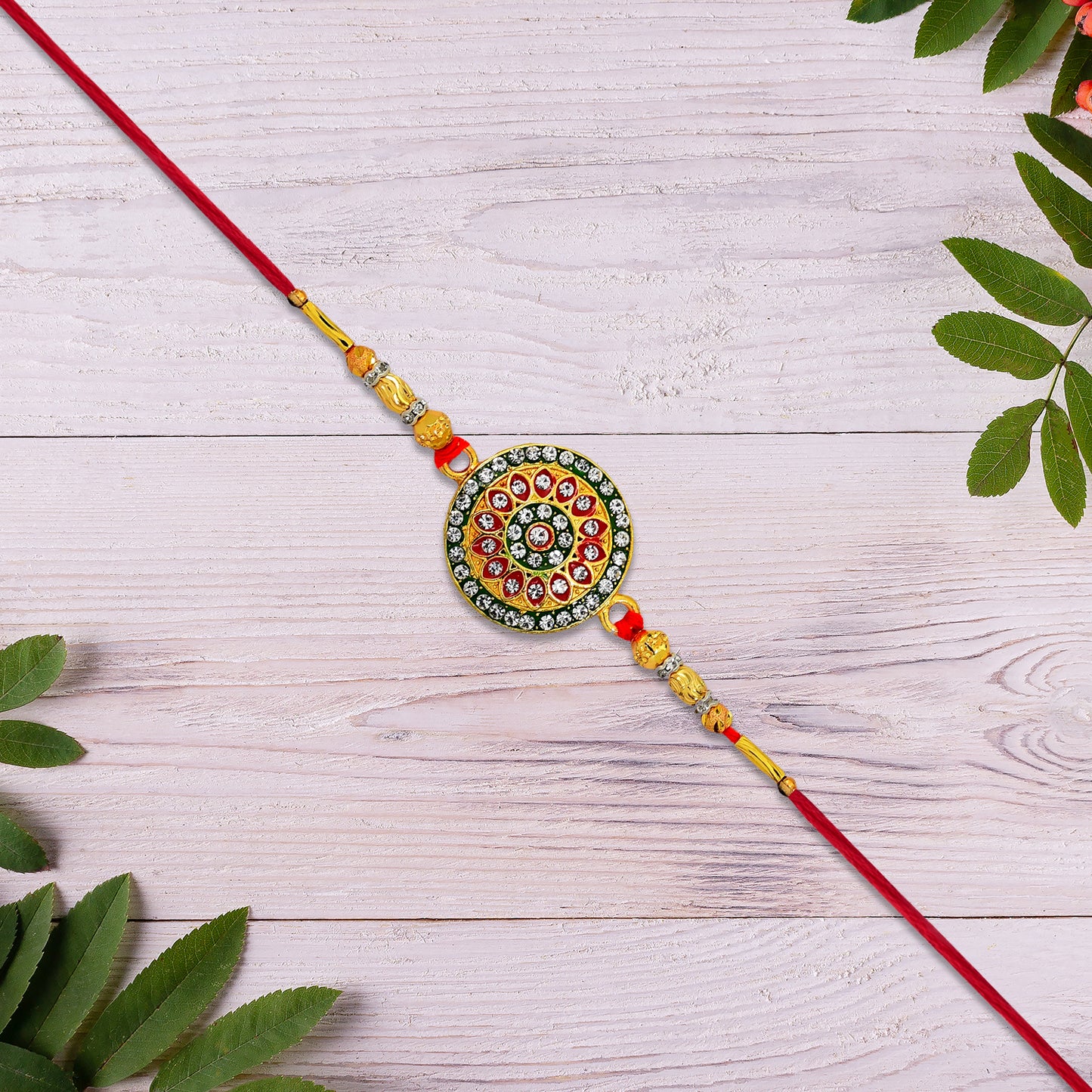 Royal Designer Rakhi With Kundan Centerpiece Red  Green Enamel Work And Golden Beads