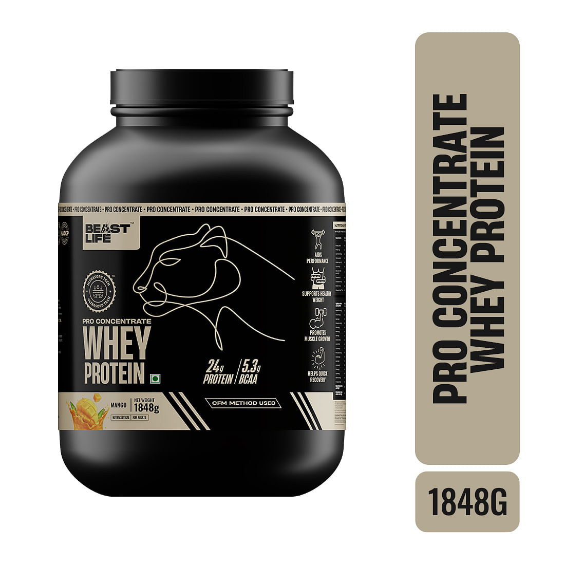 BeastLife Pro Whey Protein Mango flavour| 1848g| 24g Protein per scoop 5.3g BCAA | Premium Sports Nutrition | High Absorbtion Fuels Muscle| Speed Recovery for Men & Women (1848g, Mango)