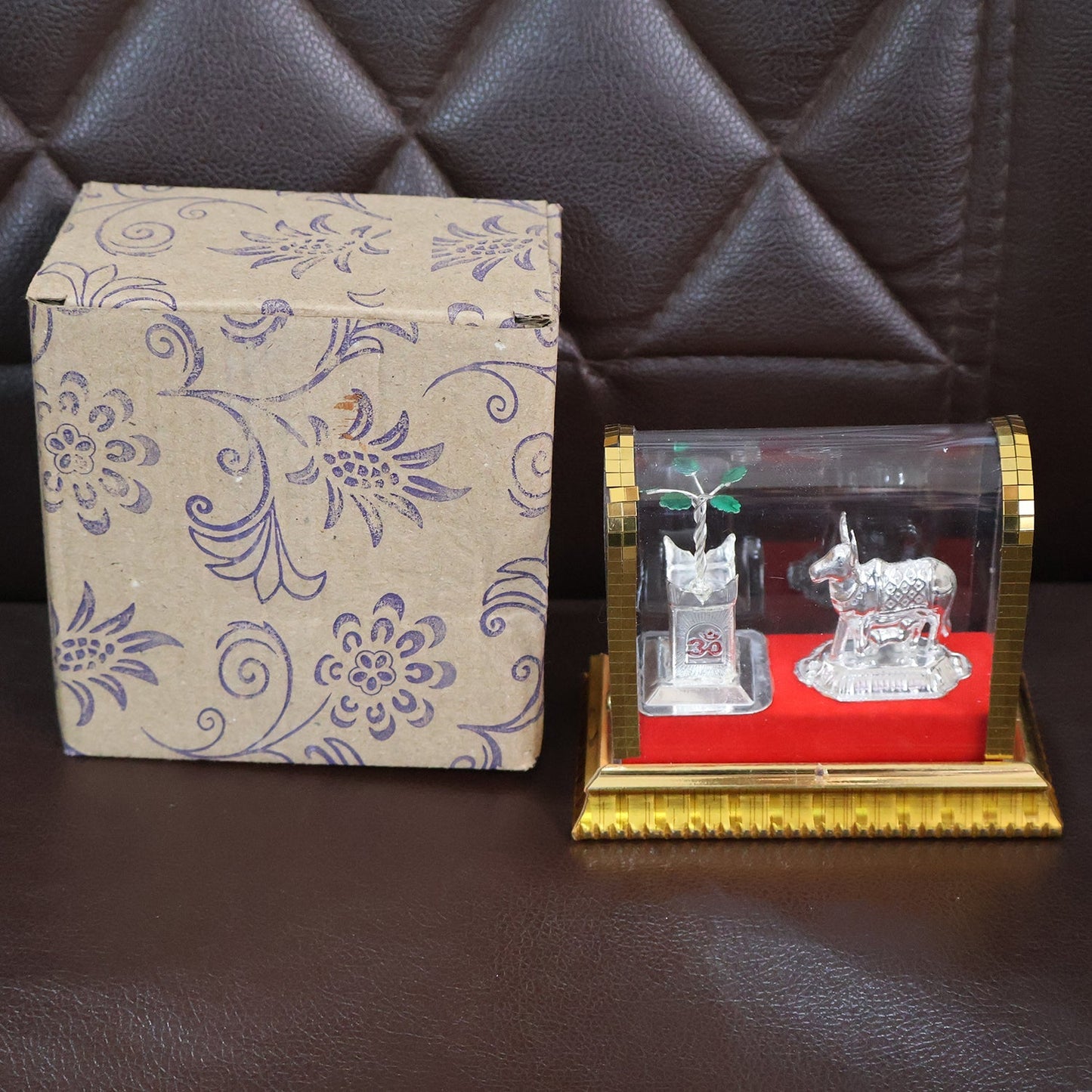 Decorative Kamdhenu Cow with Calf and Tulsi Plant Idol Set