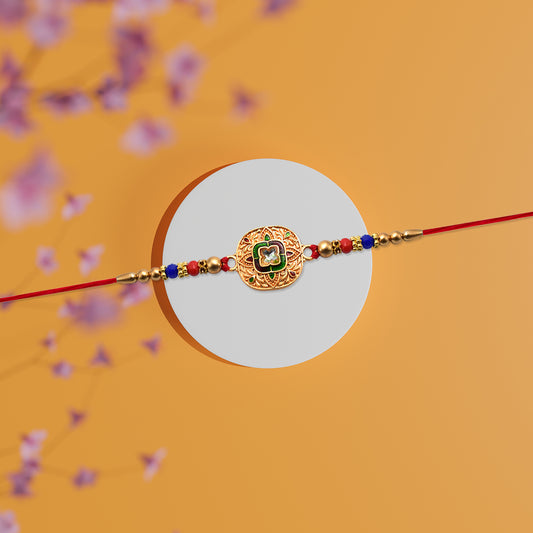Traditional Kundan Rakhi With Antique Gold Finish Multicolor Beads