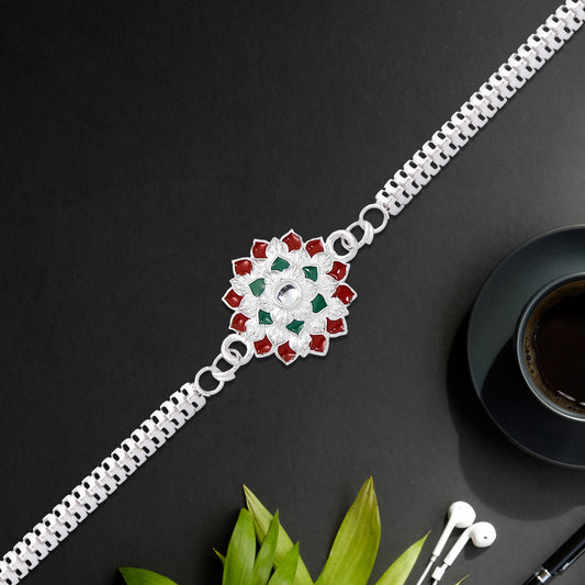 Traditional Floral Rakhi With Red Green Stones Silver Designer Rakhi For Brother