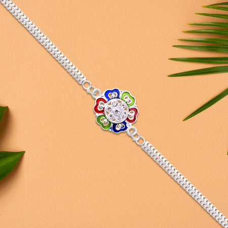 Silver Floral Rakhi With Multicolor Enamel And Stones