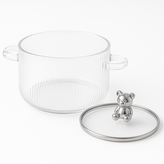 1600ml Multipurpose Borosilicate Glass Pot with Bear Knob Lid | Ideal for Cooking, Serving, Storage & More