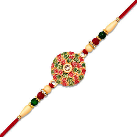 Traditional Kundan Rakhi With Golden Floral Base And Rudraksha Beads