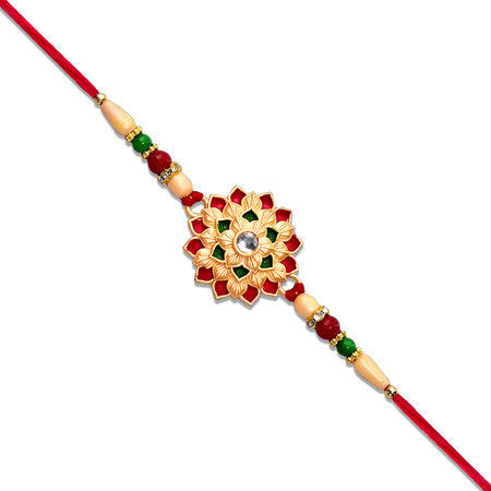 Designer Floral Rakhi With Beaded Strap  Red Green  Gold Accents