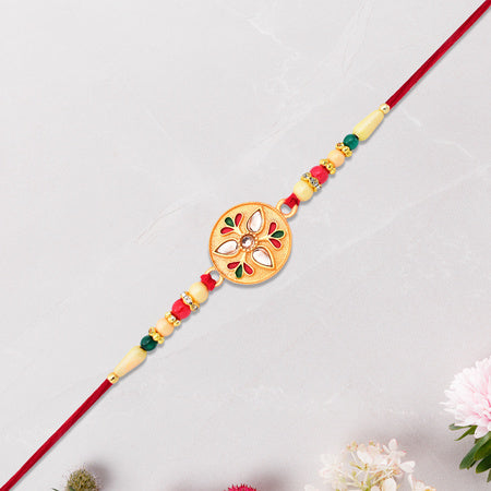 Sacred Kalash Design Rakhi With Embellished Beads And Red Thread