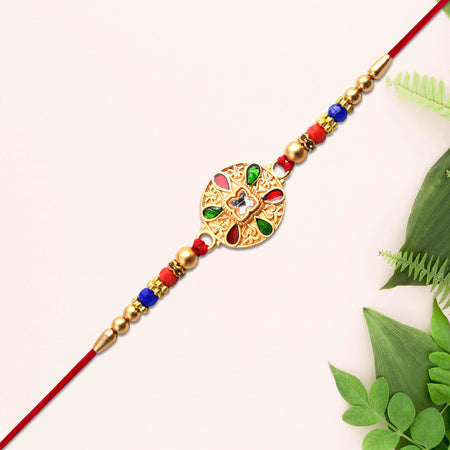 Traditional Circular Meenakari Rakhi With Multicolor Enamel Kundan Stone  Gold Beads