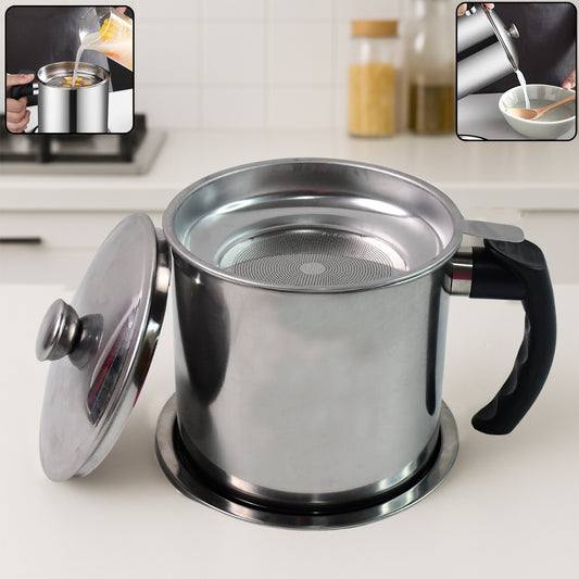 Stainless Steel Oil Strainer Pot With Lid And Filter Mesh (1 Set)