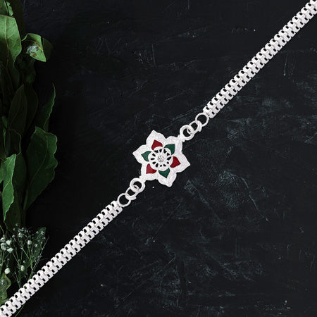 Silver Lotus Rakhi With Red-green Enamel  Chain Strap