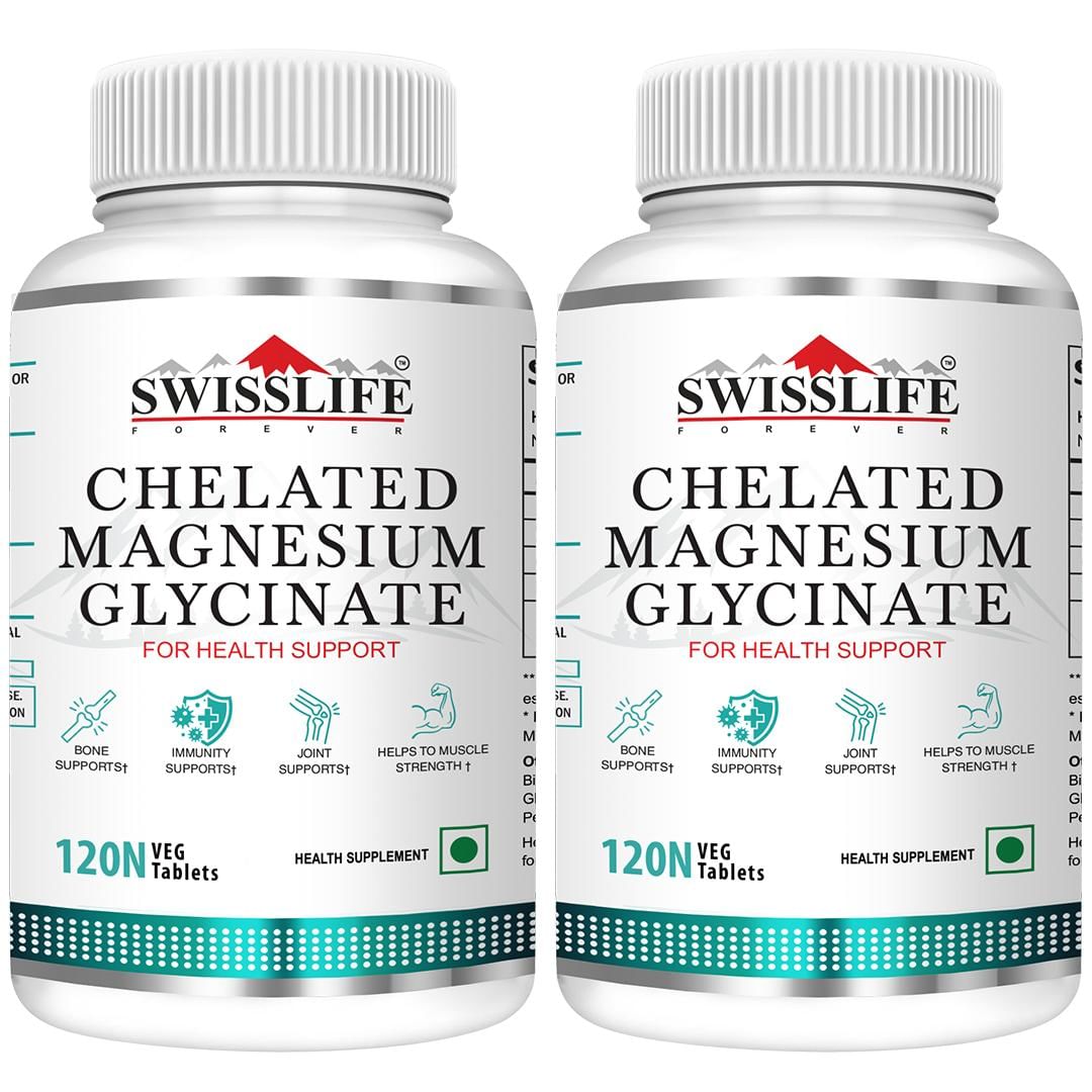 SWISSLIFE FOREVER Chelated Magnesium Glycinate Tablets | chelated magnesium Glycinate | Dietary Tablets with Mineral and Amino acid( Magnesium Glycinate) Help in Bone health, Muscle Health, Heart Health for Men & Women (120 Tablets) Pack of 2