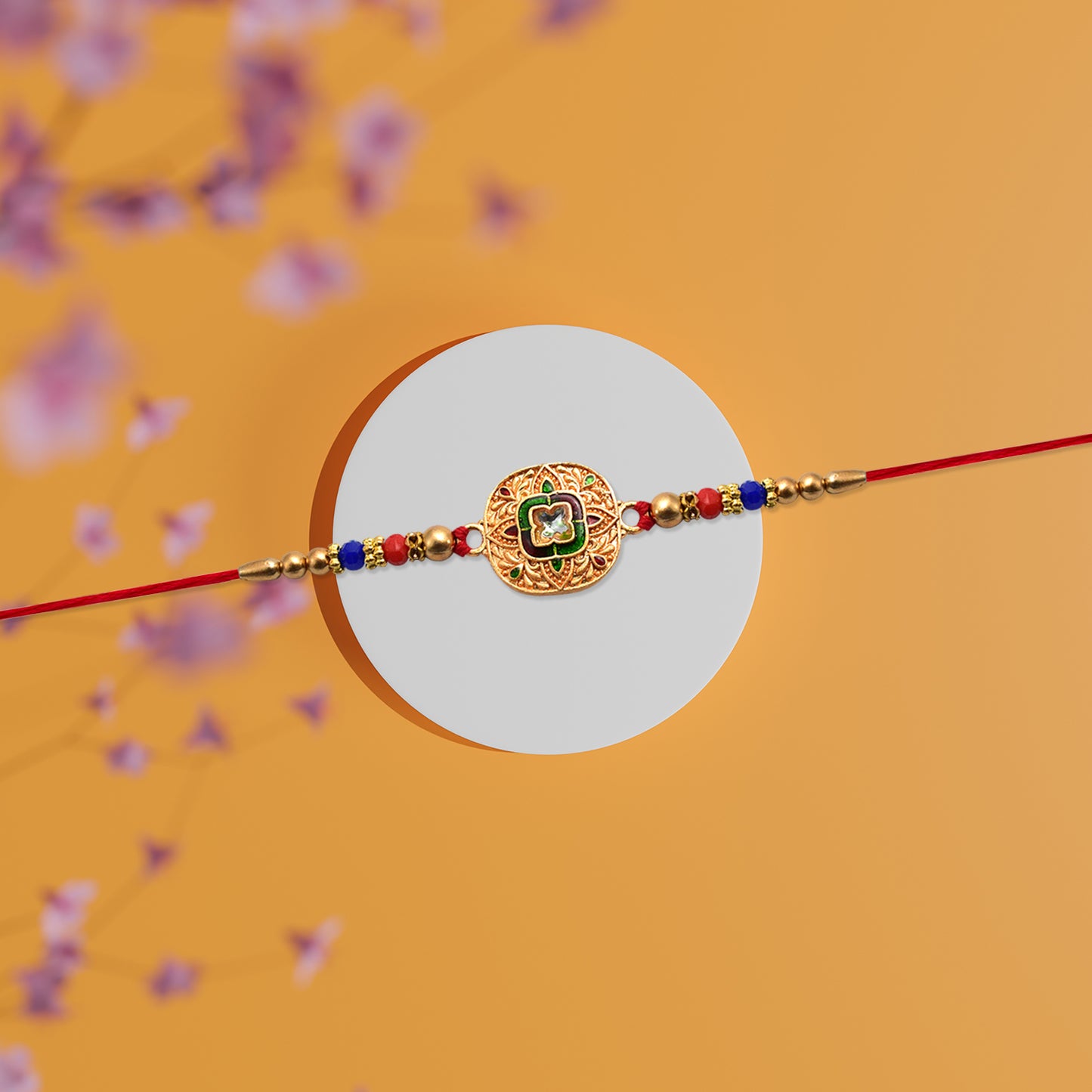 Traditional Kundan Rakhi With Antique Gold Finish  Multicolor Beads